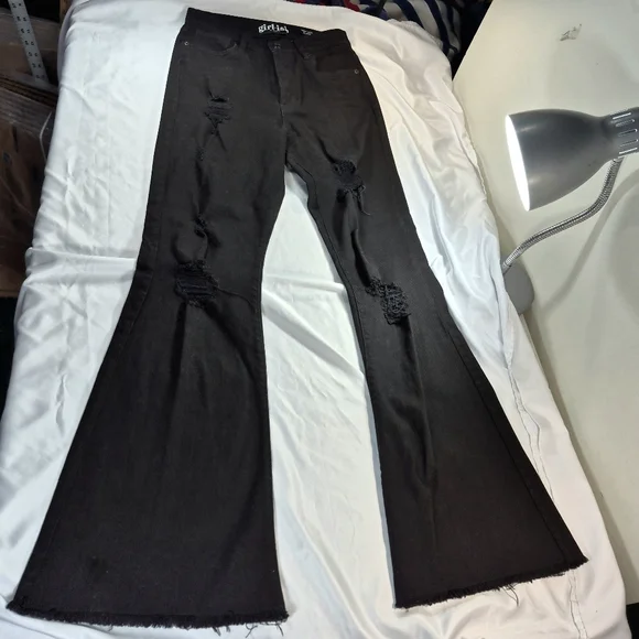 GIRL.ISH Distressed High Rise Raw Hem Flare Black Jean Size 5/27 L.A. Designer - Picture 4 of 11